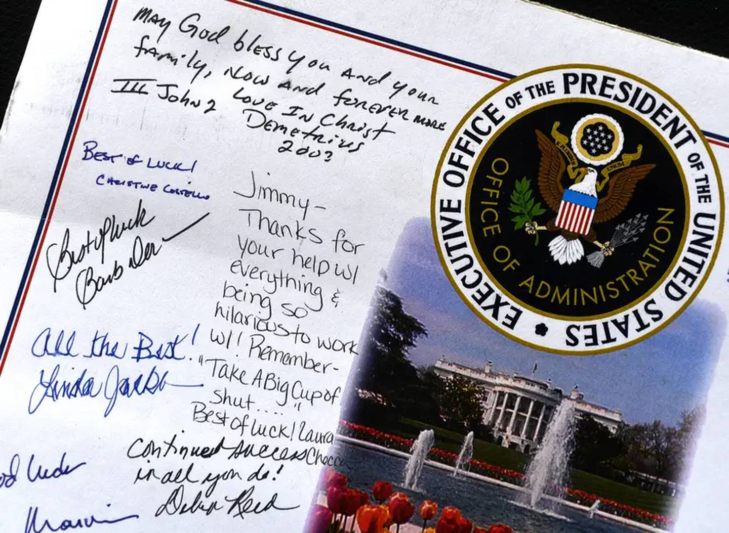 Notes of appreciation for Jim Peckey from his time working at the White House. He keeps mementos in his Abilene home.