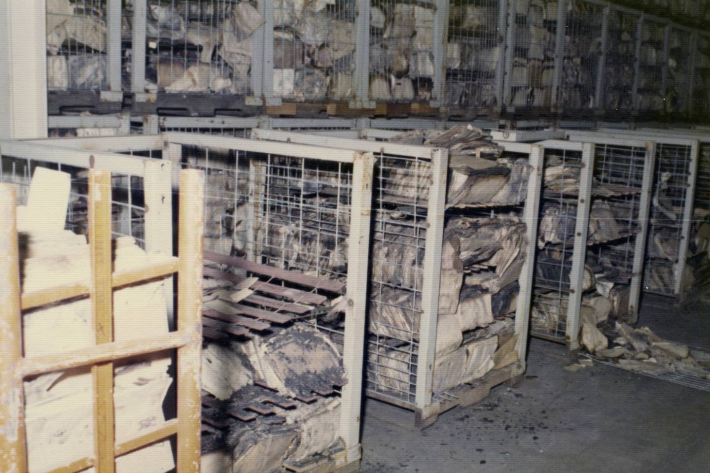 This photo provided by the National Archives and Records Administration shows damaged records after a massive fire at the Military Personnel Records Center in Overland, Mo., near St. Louis, which started on July 12, 1973.
