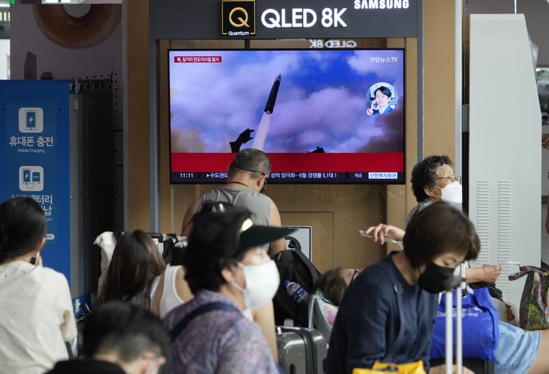 A TV screen shows an image of North Korea's missile launch during a news program at the Seoul Railway Station in Seoul, South Korea, Wednesday, July 12, 2023.