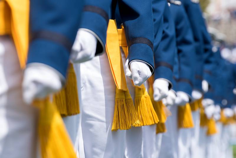Cadets march into Falcon Stadium to start the Air Force Academy's 2019 graduation ceremony in Colorado Springs, Colo., May 30, 2019.
